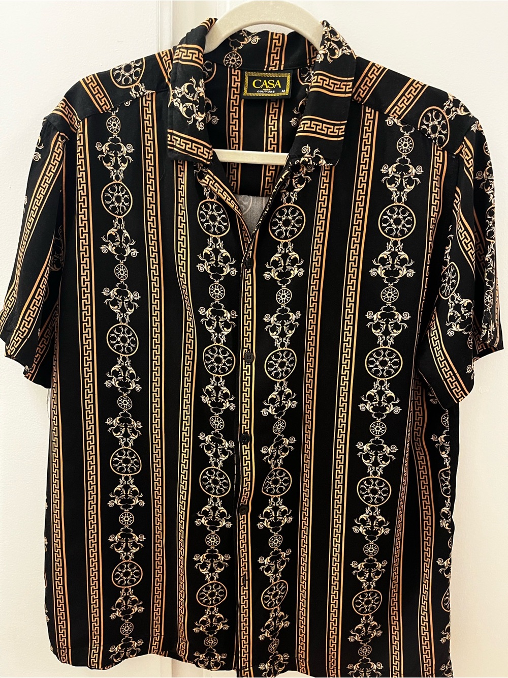 CASA Moda Couture Baroque Print Black & Gold Short Sleeve Shirt - Size M